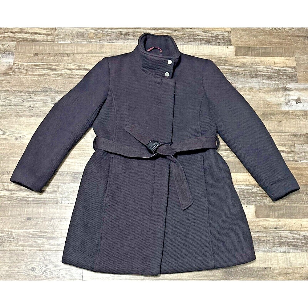 Johnston & Murphy Womens Wool Blend Coat Jacket Large Black Maroon Belted Career